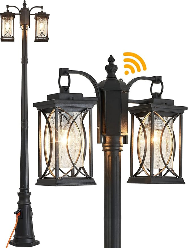 Dusk to Dawn Outdoor Lamp Post Light Modern 2-Head Street Pole Light Fixtures with Outlet, Waterproof Black Outside | Lumora