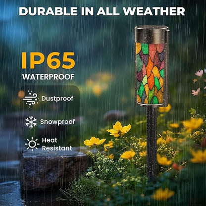 4 Pack Solar Pathway Lights Outdoor Waterproof Sketch Colorful Stained Glass Window Abstract Stained Glass Art Solar Garden Lights LED Landscape Lighting for Yard Walkway Lawn Garden Decor