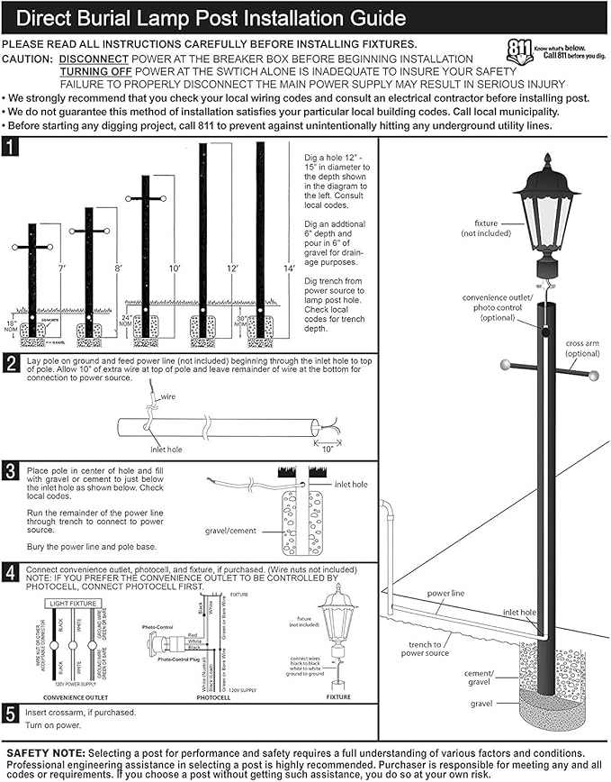 Solus 7-Foot Direct Burial Lamp Post – Aluminum Outdoor Light Pole with Decorative Cross Arm & Dusk-to-Dawn Sensor | Lumora