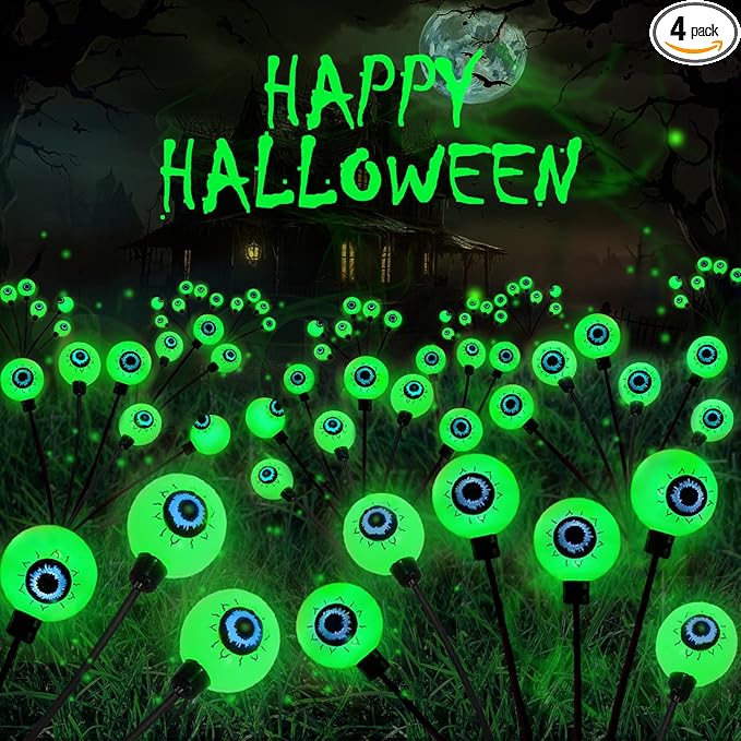 4 Pack Solar Eyeball Lights for Halloween Decorations Outdoor, 24 LED Green Eyeball Solar Halloween Lights, Waterproof Swaying Firefly Lights with 2 Modes for Pathway Patio Yard Lawn Garden Decor