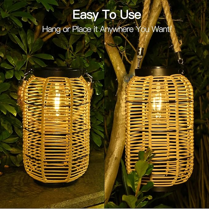 Livinlarge Solar Lantern Outdoor Hanging Lights, Large Solar Rattan Lantern Outdoor Waterproof with Twine Handle, Bright Outdoor Lanterns with Edison Bulb for Garden Patio Yard Tabletop Decoration