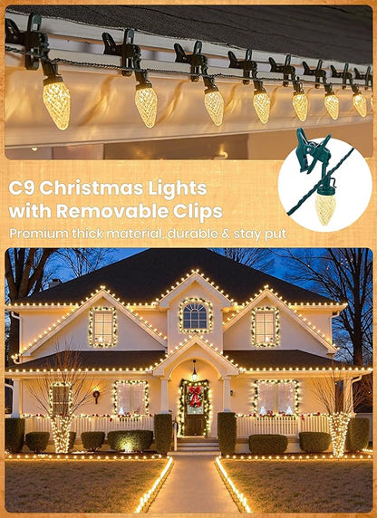 C9 68Ft Led Christmas String Lights 100 LED with Quick Clips Outdoor Waterproof Strawberry Lights, Commercial Grade Extendable for Indoor Outside Roofline Patio Home Xmas Decoration, Warm White