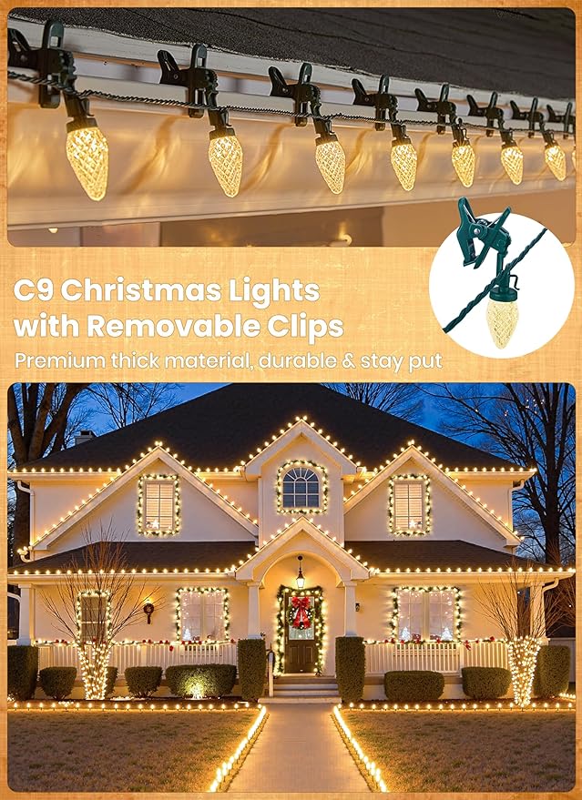 C9 LED Christmas Lights Outdoor, 66 Feet 100 LED C9 String Lights with 100 Spring Clips, Waterproof Connectable Christmas Tree Lights for Outside Roofline Patio Home Xmas Decor, Warm White 2 Pack