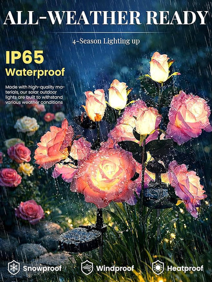 GIGALUMI Solar Lights Outdoor for Garden Decor, 4 Pack Solar Flower Lights Waterproof, 2 Lighting Modes 12 Rose Flowers for Pathway,Yard, Patio Decoration, Gardening Gifts for Women (Pink+Purple)