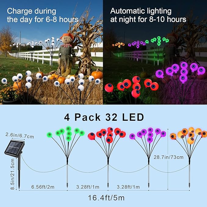 Halloween Solar Eyeball Lights Outdoor Waterproof 4 Pack 32 LED Scary Spooky Eyeballs Light 8 Mode Solar Garden Lights for Yard Path Party Decor Halloween Decorations (Green+Red+Purple+Orange)