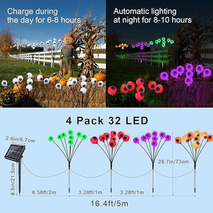 Halloween Solar Eyeball Lights Outdoor Waterproof 4 Pack 32 LED Scary Spooky Eyeballs Light 8 Mode Solar Garden Lights for Yard Path Party Decor Halloween Decorations (Green+Red+Purple+Orange)
