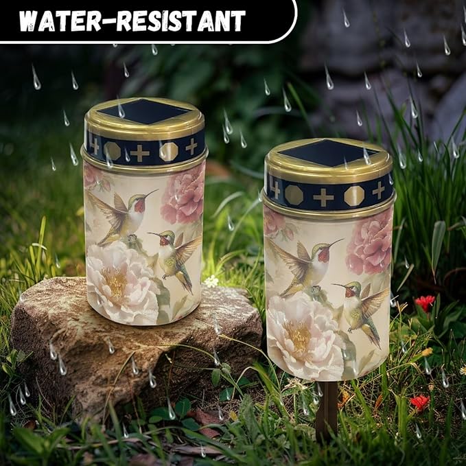 ZOUTAIRONG Solar Light for Cemetery Grave Durable Solar Garden Lights Landscape Lighting Pathway Light Cemetery 2 Pack, Floral Hummingbirds Print