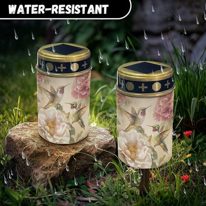 ZOUTAIRONG Solar Light for Cemetery Grave Durable Solar Garden Lights Landscape Lighting Pathway Light Cemetery 1 Pack, Floral Hummingbirds Print