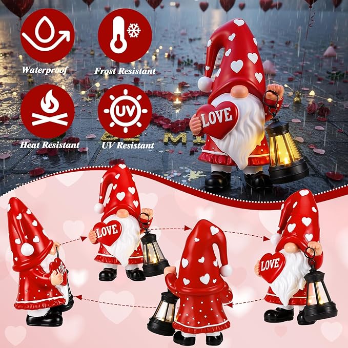Retisee Solar Valentine's Day Garden Statue Resin Gnome Statue with Hearts LED Lights Outdoor Love Solar Light | Lumora