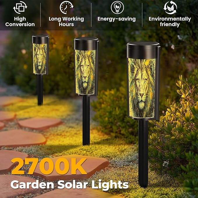 4 Pack Solar Pathway Lights Outdoor Waterproof Lion Animal Blue Majestic Mane Splatter Effects Golden Accents Intense Solar Garden Lights LED Landscape Lighting for Yard Walkway Lawn Garden Decor