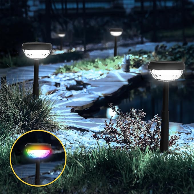 Ensenior Solar Pathway Lights IP65 Waterproof, RGB Color Changing & 6500K Cool White, 8-16Hr Runtime, Flower | Lumora