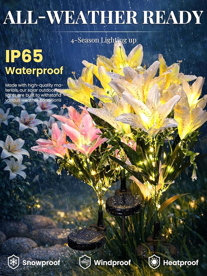 GIGALUMI Solar Garden Lights, LED Lily Garden Decor Carefree Solar Flowers Outdoor Waterproof, Yard Decorations Outdoor, Allergy-Free, Everlasting Light up Flowers for Yard Patio Garden (Set of 4)