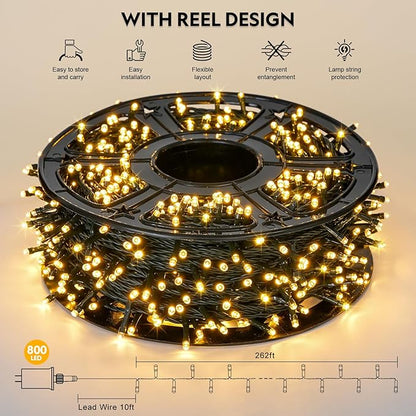 JMEXSUSS 272ft 800 LED Outdoor Christmas Lights, 8 Modes Warm White Christmas Tree Lights Green Wire, Waterproof Led String Light for Outside Indoor Xmas Party Tree Decor