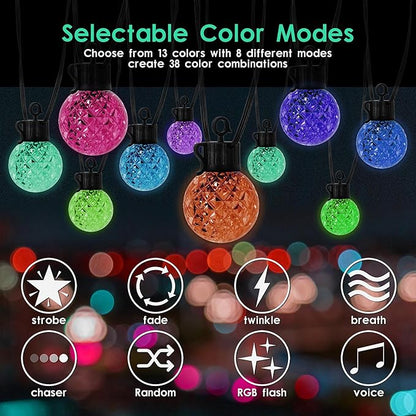 Solar LED String Lights, 25 RGB Color Changing Bulbs, Bluetooth App Control, IP65 Waterproof, 8 Scene & 4 Music Modes, 15ft Globe Lights for Patio, Backyard, and Party Decor