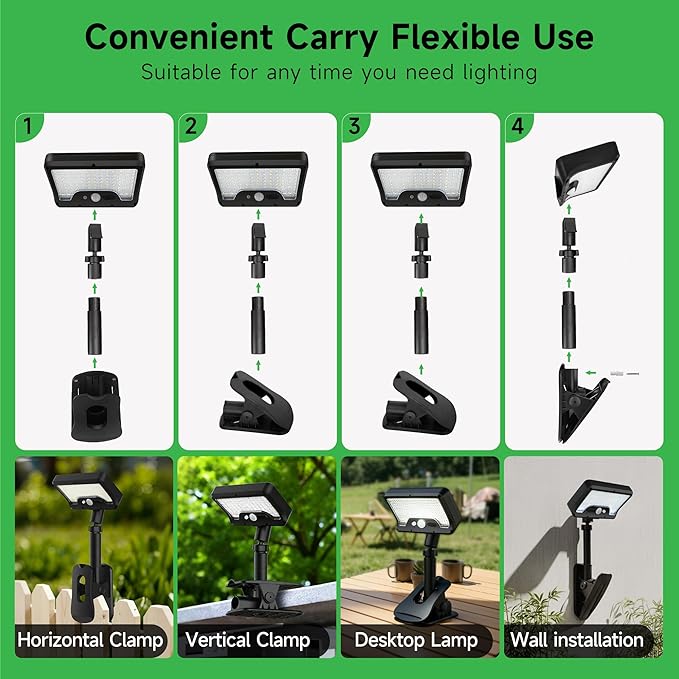 Clip On Solar Lights for Fence, 3CCT Motion Sensor Light with Adjustable Modes, 600LM IP65 Waterproof, Dusk to Dawn, 1500mAH USB Solar Powered for Garden, Camping - Black (2-Pack)