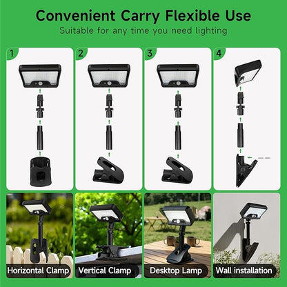 Clip On Solar Lights for Fence, 3CCT Motion Sensor Light with Adjustable Modes, 600LM IP65 Waterproof, Dusk to Dawn, 1500mAH USB Solar Powered for Garden, Camping - Black (2-Pack)
