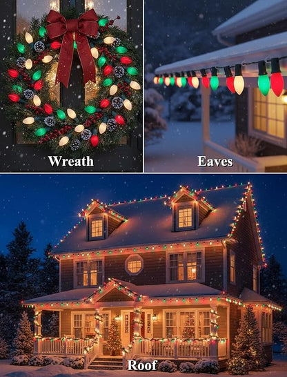 25Ft Red White and Green Christmas Lights,C9 Outdoor Christmas Lights with 26 Incandescent Bulbs(1 Spare),Extendable C9 String Lights Green Wire for Tree Xmas Roofline