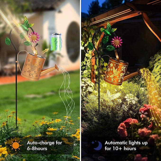 Hummingbird Outdoor Hanging Solar Lantern Waterproof Metal Openwork Hummingbird Watering Can Landscape Lights with | Lumora