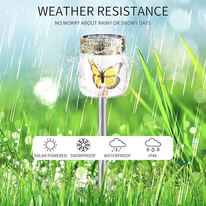 SUNWIND Solar Garden Lights Outdoor Decorative - 3 Pack Decorative Butterfly Glass Jar Lights for Pathway, Lawn, Yard