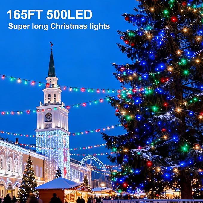 Xmas Lights String Lights 500 LED 165feet 8 Modes Plug in String Lights 30V Fairy Lights Home Garden Party Wedding Xmas Tree Bedroom Window Curtain Decoration(Multicolor)