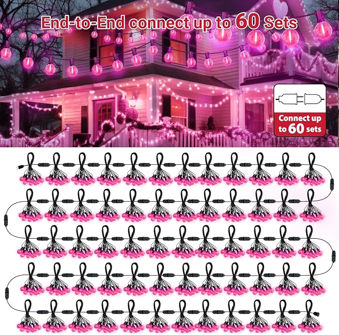 LAMPHOME 26FT G40 LED Outdoor Valentine's Day String Lights, Pink Valentines Decorations Lights with 13 | Lumora