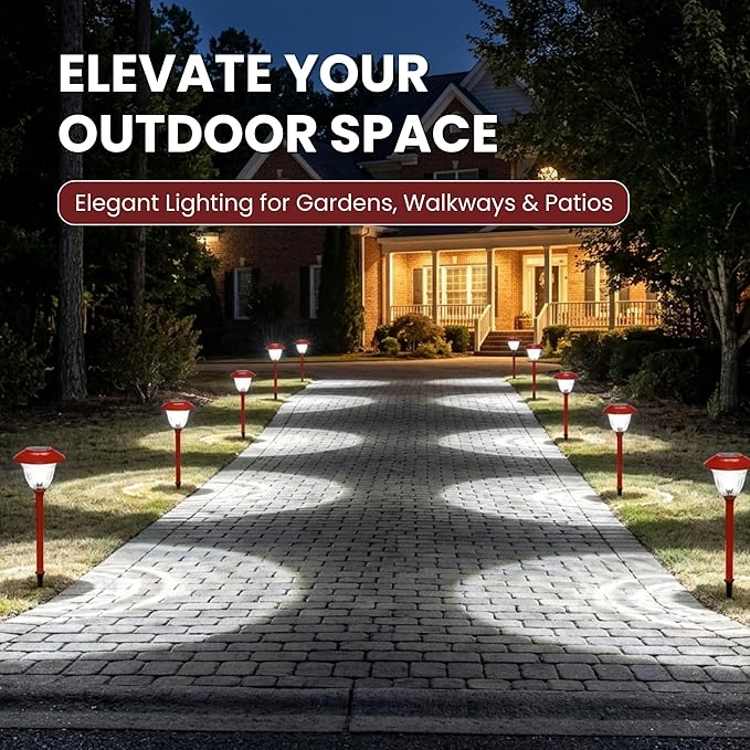 Energizer Bright Solar Lights for Outside - 8 Pack IP65 Waterproof 15 Lumen LED Landscape Lights with Patterned Glass & Metal Finish, Backyard Solar Lights with Worry Free Installation - Red