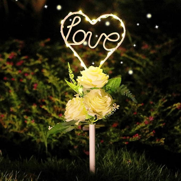 16 Inch Solar Heart Garden Stake Lights with 3 Artificial Flowers Metal Garden Art for Patio Lawn Garden Decor | Lumora