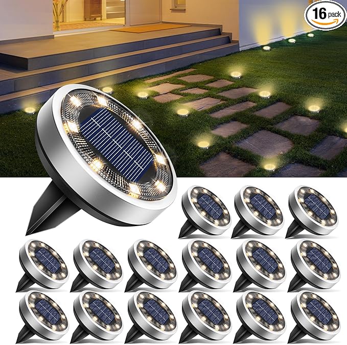 btfarm 16 Pack Solar Lights Outdoor, 8 LED Solar Ground Lights IP65 Waterproof Flat Solar Disc Light, Pathway | Lumora