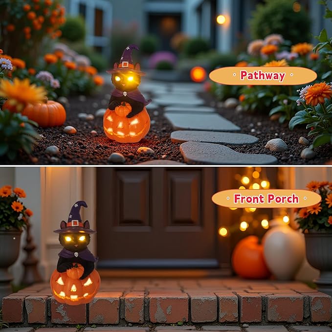 Solar Witch Black Cat Figurine Light for Gothic Theme Party, Solar Outdoor Lights Harvest Pumpkin LED Spooky Cat Garden Statue Led Yard Light Patio Porch Pathway, Fall Decor Home Gifts for Cat Lovers