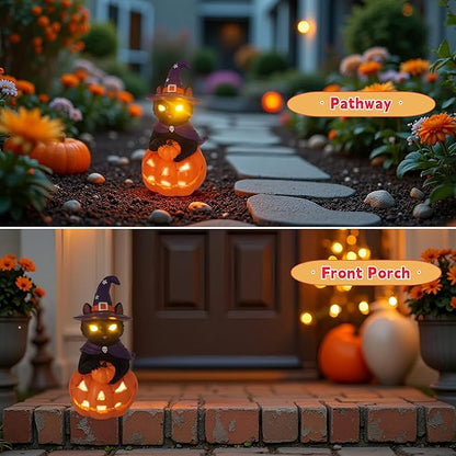 Solar Witch Black Cat Figurine Light for Gothic Theme Party, Solar Outdoor Lights Harvest Pumpkin LED Spooky Cat Garden Statue Led Yard Light Patio Porch Pathway, Fall Decor Home Gifts for Cat Lovers