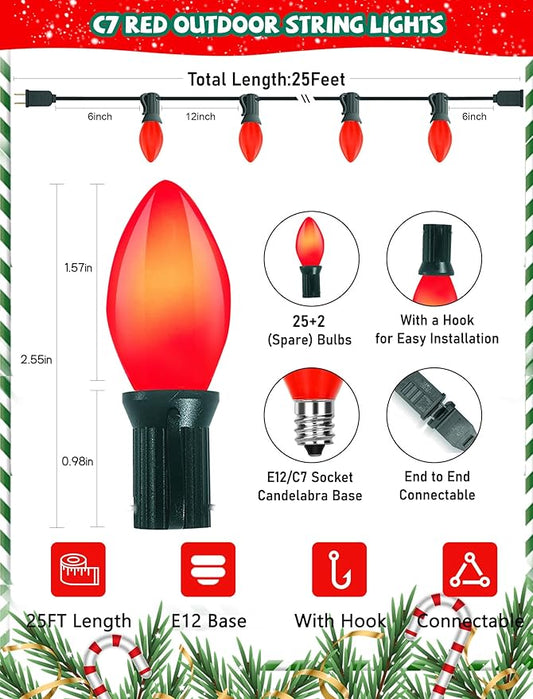 25Ft Red Chritsmas Lights Outdoor, C7 Vintage String Lights with 27 Red Baked Incandescent Bulbs, Hanging Patio Lights for Porch Roofline Christmas Tree Garden Pathway Indoor Decor