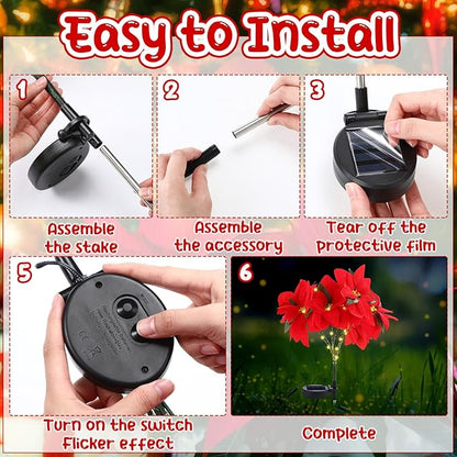 VIHOSE 2 Pcs Christmas Solar Poinsettia Lights Outdoor Artificial Flowers Landscape Waterproof Solar Poinsettia Lights for Yard Lawn Patio Garden Pathway Xmas Party Supplies (10 Flowers,Red)