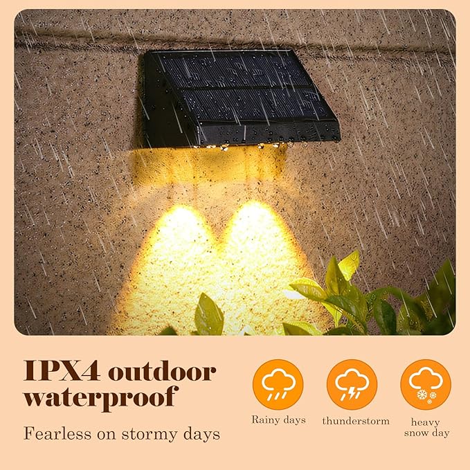 Solar Wall Lights-4 Pack,IP65 Waterproof Outdoor,40 Lumens Brighter Double LED, Auto On/Off, Warm White for Fence, Patio, Steps, Backyard