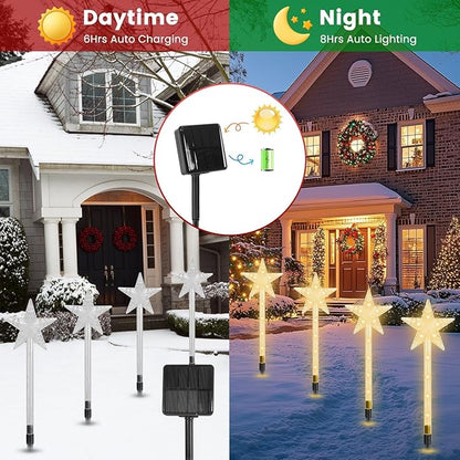 Solar Christmas Decorations Outdoor-8 Pack 64 Warm White LED Star Pathway Lights with 8 Modes IP64 Waterproof Xmas Decoration for Garden Patio Yard Porch Driveway