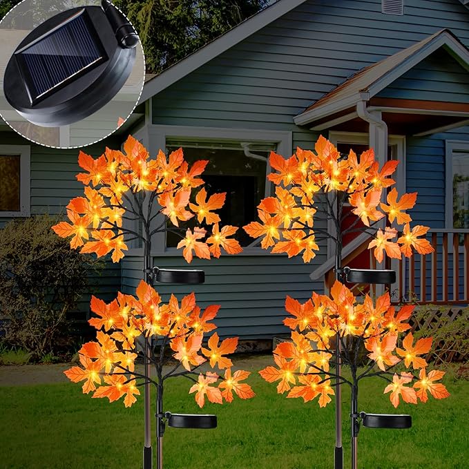 VIHOSE 4 Pcs Fall Maple Outdoor Solar Lights Thanksgiving Decorations LED Tree Lights Powered Solar Stake Waterproof for Outside with Adjustable Branches Autumn Decorations for Yard Lawn Patio