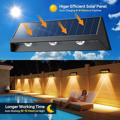 LETMY 3X Bigger & Brighter Solar Fence Lights Outdoor, IP67 Waterproof Fence Solar Lights Outdoor, 2 Modes Auto On/Off LED Deck Lighting Decor for Wall Outside Yard Step Railing Porch Pool, 4 Pack