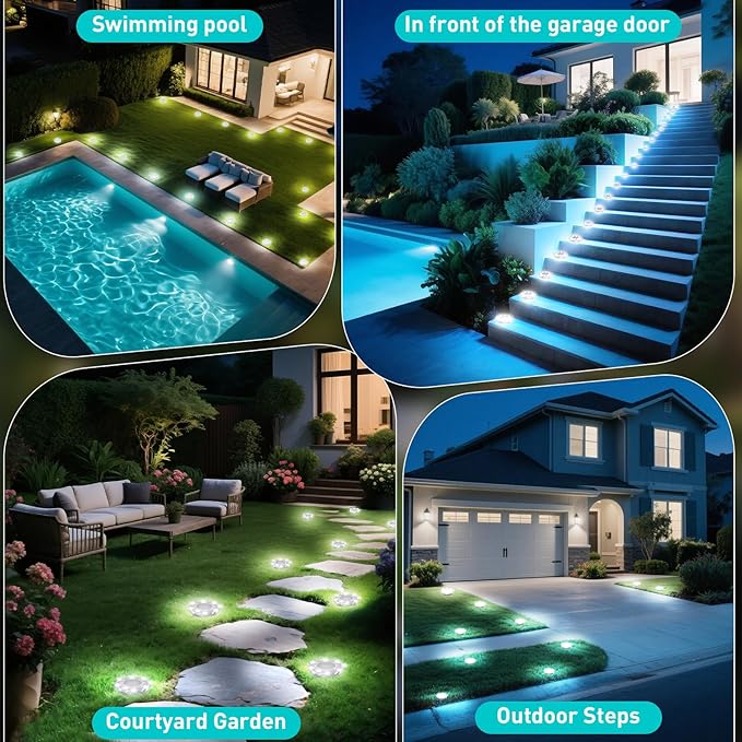 Solar Ground Lights,Solar Disc Light Outdoor Waterproof,Landscape Lighting Garden Lights for Pathway, Yard, Deck, Lawn, Patio, Swimming Pool, Walkway(Cool, 12Pack)
