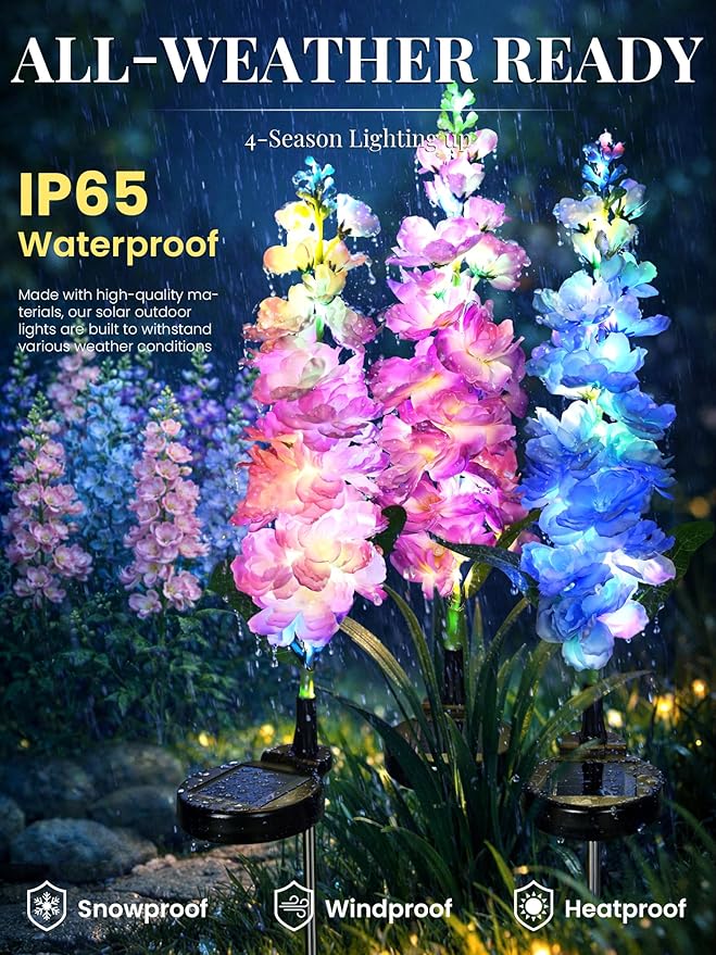 GIGALUMI Solar Lights Outdoor for Garden Decor, 3 Pack Solar Flower Lights Waterproof, 2 Lighting Modes Delphinium for Pathway,Yard, Patio Decoration, Gardening Gifts for Women (Multi-Colored)