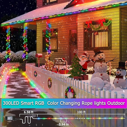 Jnaurb RGB Color Changing Rope Lights Outdoor, 100ft 300LED Smart String Lights with Remote & APP Control, Waterproof Music Sync Rope Lighting - DIY Flexible Tube LED Lights for Bedroom Garden Wedding
