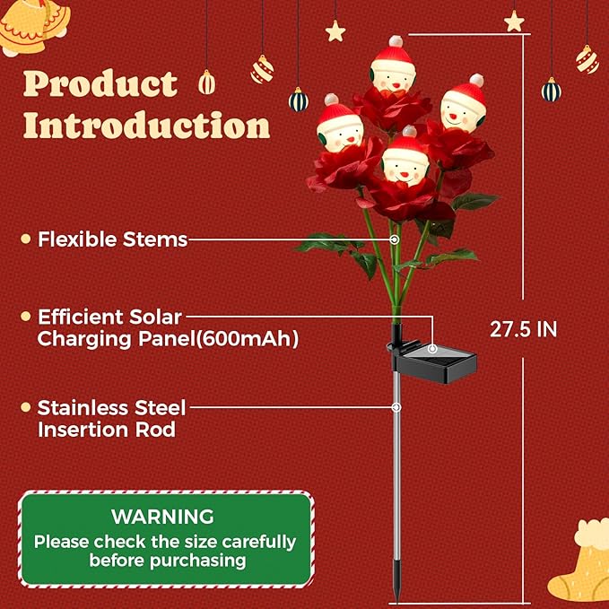 2 Packs Christmas Rose Solar Garden Light with Snow Man, 27.4 Inches Garden Solar Light Outdoor for Christmas Decoration, Auto ON/OFF, IP65 Waterproof, Suitable for Courtyard, Pond, Walkway Decoration