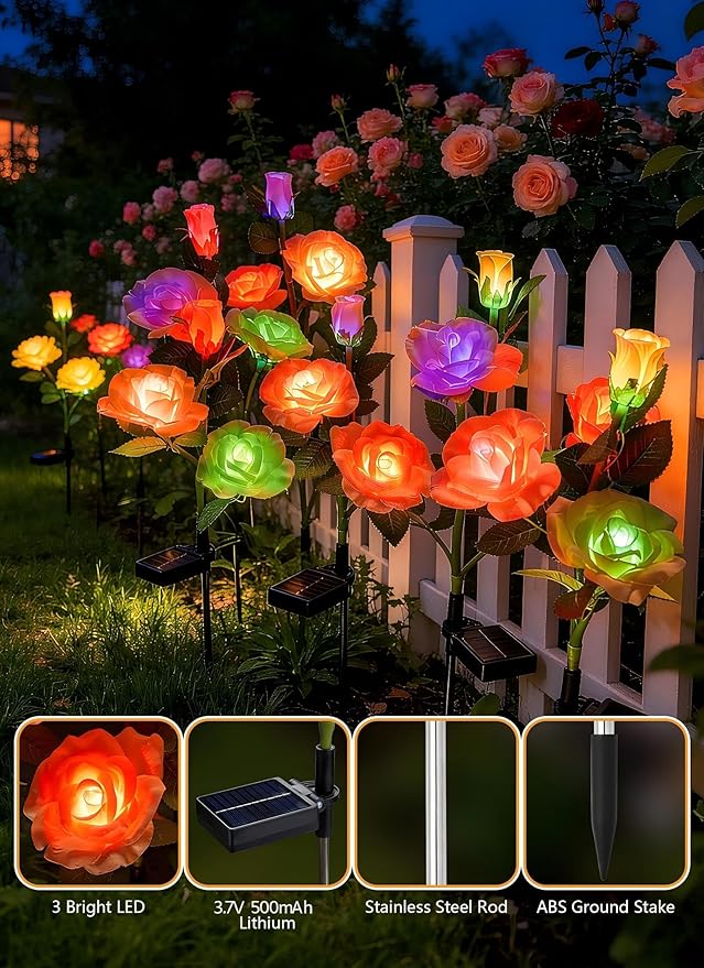 Brightown Outdoor Solar Flower Lights, 4 Pack 7-Color Changing Solar Garden Lights with Larger & More Realistic Rose, Bigger Solar Panel, Waterproof Solar Lights for Yard Garden Lawn Pathway Decor