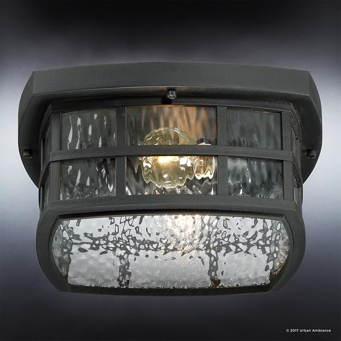 Urban Ambiance Luxury Craftsman Outdoor Ceiling Light, Small Size: 5.75" H x 12" W, with Tudor Style Elements, Highly-Detailed Design, High-End Black Silk Finish and Water Glass, UQL1248
