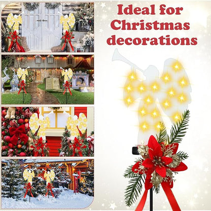 Baquler 2 Pack Solar Christmas Angel Stake Lights 32 Inches Solar Powered Xmas Angel Metal Stake Lights with Poinsettia for Outdoor Christmas Yard Pathway Garden Lawn Decorations