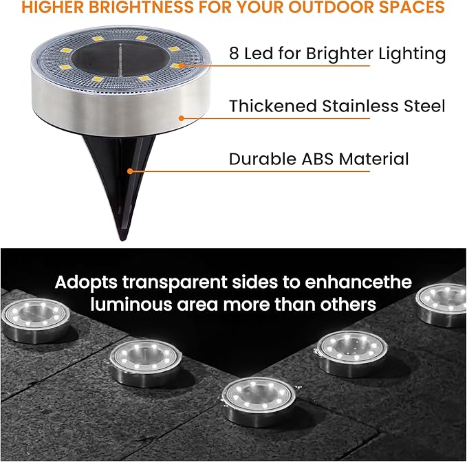 Siatom Stainless Steel Solar Ground Lights 8 Pack, IP68 Waterproof Solar In-Ground Light for Outdoor, Flat | Lumora