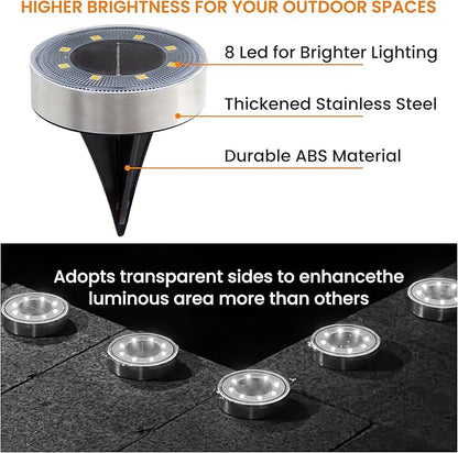 Siatom Stainless Steel Solar Ground Lights 8 Pack, IP68 Waterproof Solar In-Ground Light for Outdoor, Flat Landscape Lighting, Garden Disc Light for Pathway, Walkway, and Yard - 8 Pcs (Cold White)