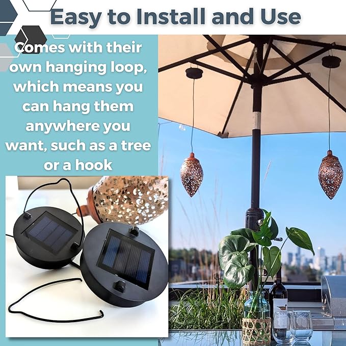 Solar Outdoor Lanterns - Hanging Lights, Set of 2 Moroccan Style Garden Party Decorative Rechargeable Lantern, Hurricane Lamps are Great for Front Porch, Patio and Yard