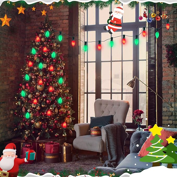 C7 Incandescent Christmas Lights, 25FT C7 White Red and Green Christmas Lights with 27 5W Incandescent Light Bulbs for Xmas Tree Fence Holiday Party House Night Decoration