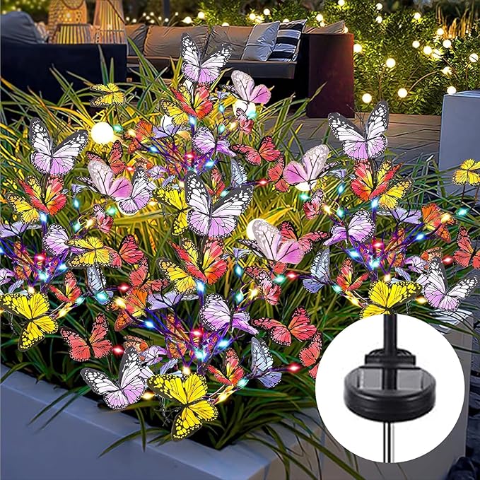 Butterfly Solar Lights for Outside, 2 Pack 34 Butterfly Waterproof Decorative Garden Lights, Color-Changing Butterfly Design, Outdoor Solar Powered LED Lights for Patio,Yard,and Pathway