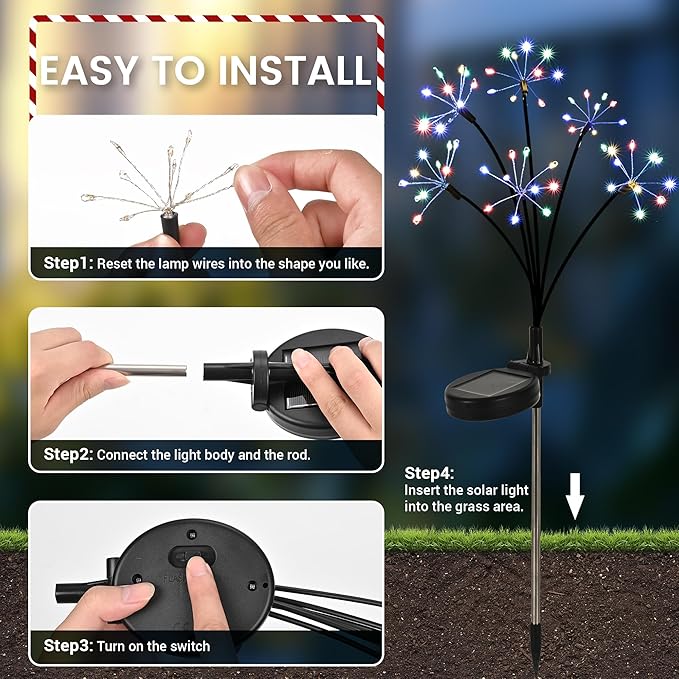 Solar Garden Lights Outdoor, Solar Garden Decor, Solar Fairy Lights, Gardening Supplies, Solar Powered Lights Waterproof for Yard Patio, Fairy Decor Firwork(4 Pack Multi-Colored)