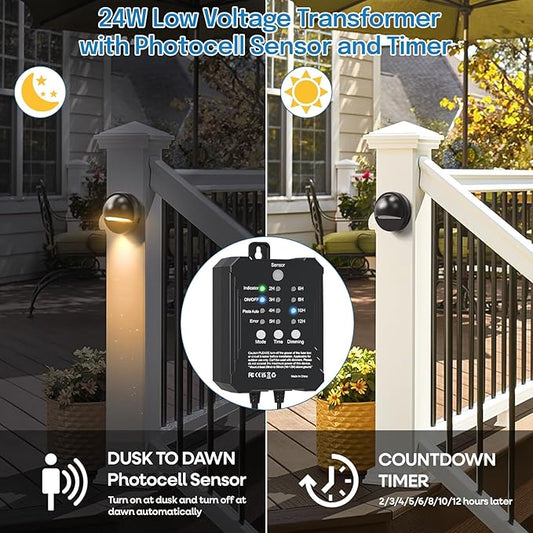 HIBOITEC Low Voltage Deck Lights Kit with Transformer Photocell Sensor and Timer IP67 Waterproof Fence Lights UL Listed Wire for Outdoor Garden Patio Landscape Lighting Walkway Steps Warm White 8Packs